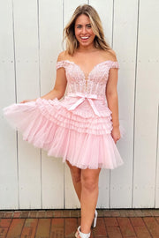 Pink Off-the-Shoulder Bow Tiered Short Homecoming Dress with Ruffles