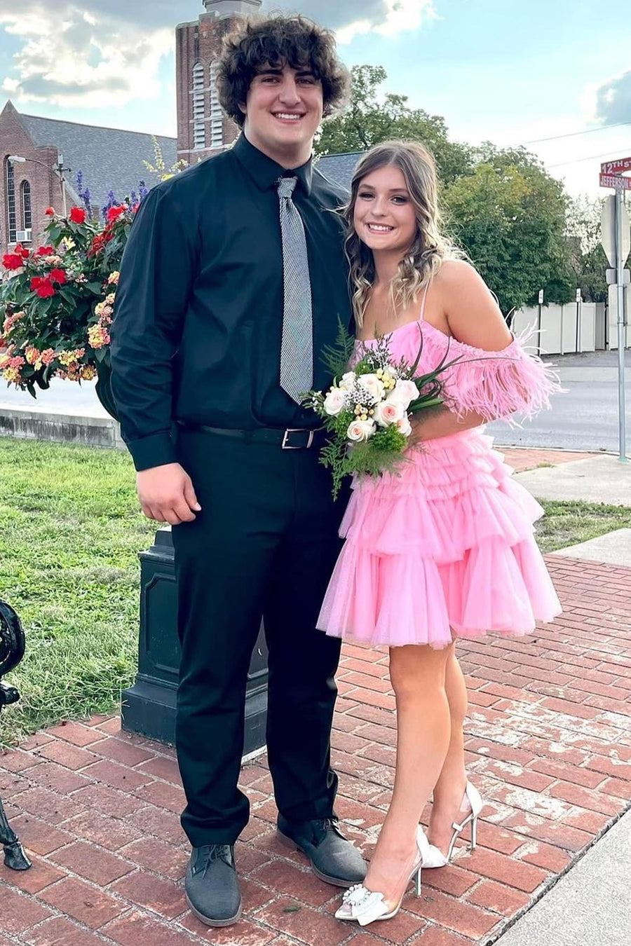 Pink Cold-Shoulder Multi-Tiered A-Line Homecoming Dress
