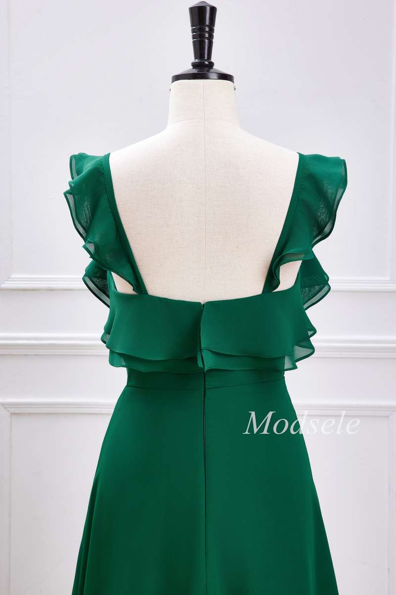 Emerald Ruffle Flutter Sleeve Maxi Dress with Slit
