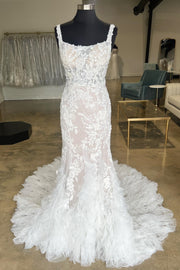 Ivory Floral Lace Square Neck Ruffles Long Wedding Gown