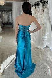 Royal Blue Rhinestone Strapless Mermaid Long Formal Dress with Slit