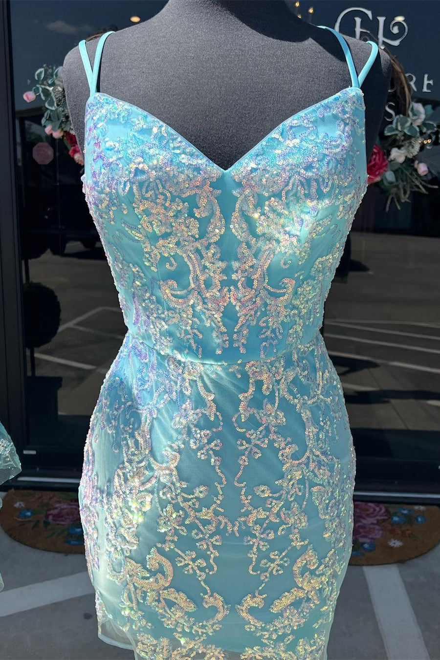 Aqua Blue Sequin Lace Short Cocktail Dress with Spaghetti Straps Modsele Aqua Blue Sequin Lace Short Cocktail Dress with Spaghetti Straps Modsele