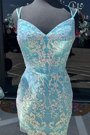Aqua Blue Sequin Lace Short Cocktail Dress with Spaghetti Straps