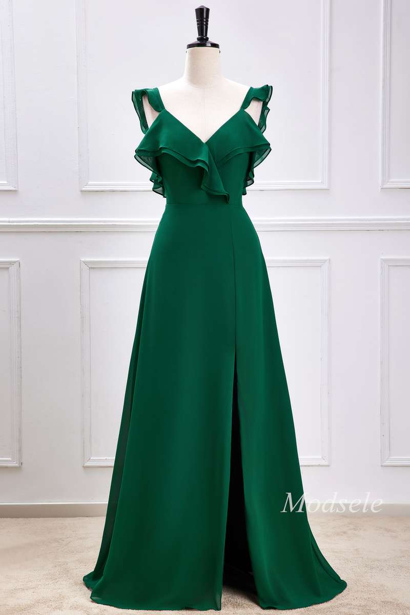 Emerald Ruffle Flutter Sleeve Maxi Dress with Slit – Modsele