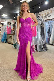 Red Floral Lace Strapless Mermaid Prom Dress with Slit