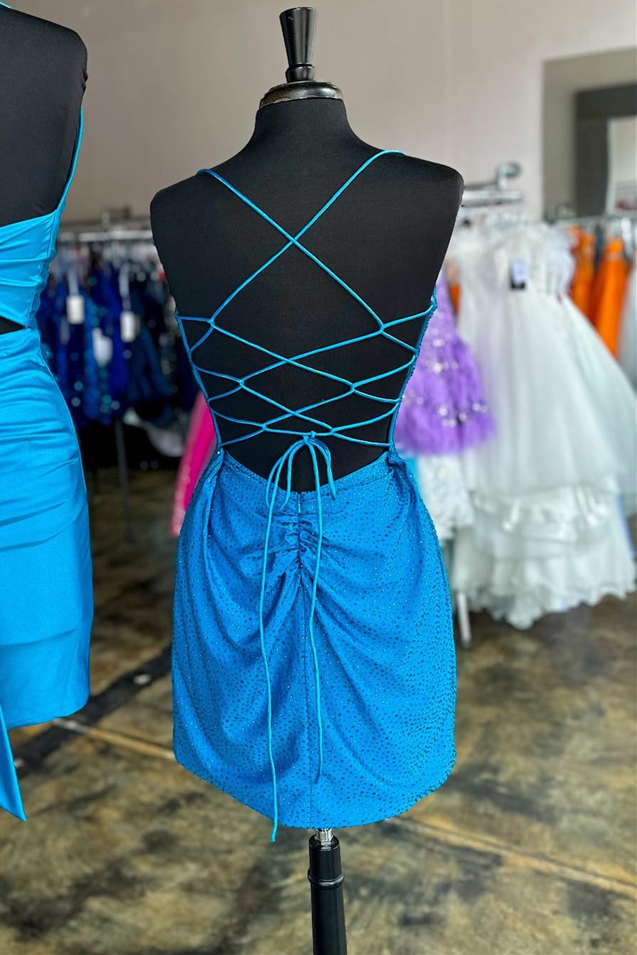 Blue V-Neck Lace-Up Hotfix Dress