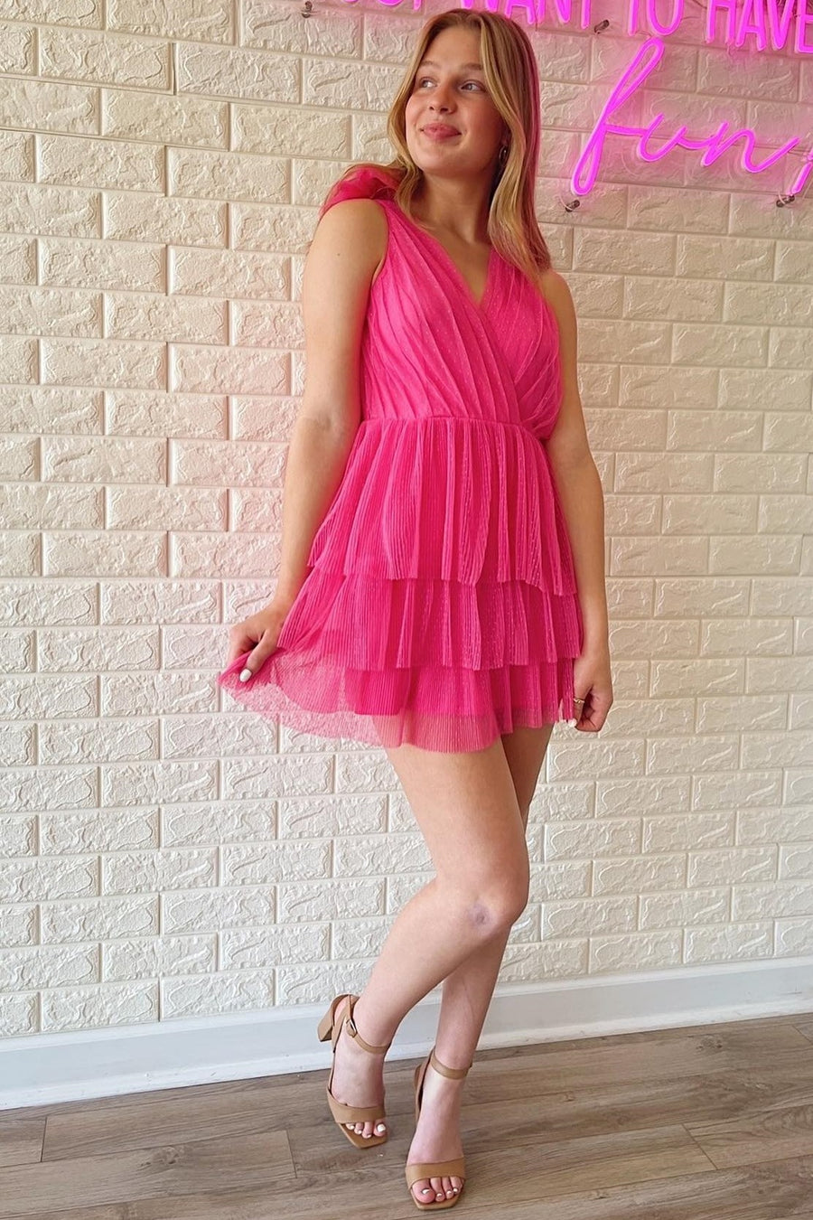 Hot Pink Surplice Multi-Layer Short Homecoming Dress