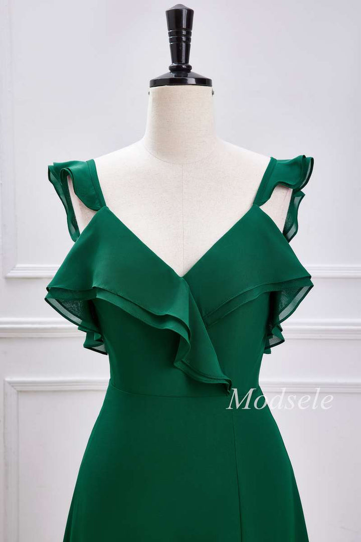 Emerald Ruffle Flutter Sleeve Maxi Dress with Slit