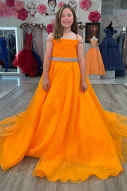 Orange Organza Cold-Shoulder Beaded A-Line Girl Pageant Dress