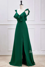 Emerald Ruffle Flutter Sleeve Maxi Dress with Slit