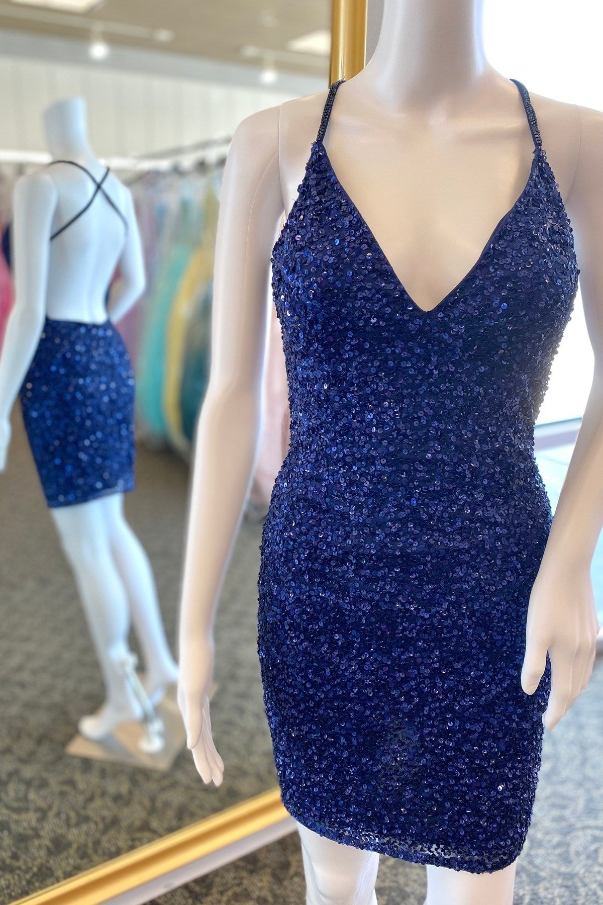 Blue Sequin V-Neck Backless Short Homecoming Dress Modsele Blue Sequin V-Neck Backless Short Homecoming Dress Modsele