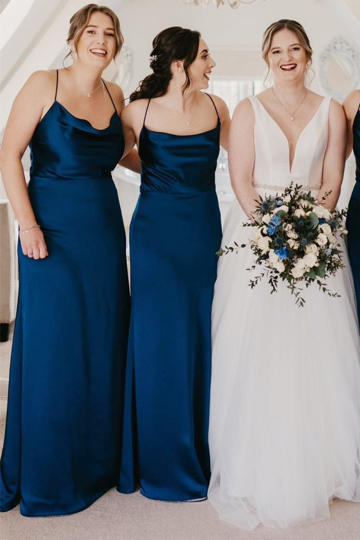 Champagne Cowl Neck Spaghetti Strap Long Dress