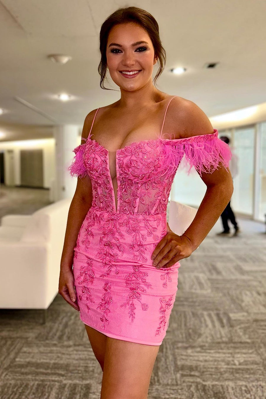 Hot Pink Appliques Cold-Shoulder Short Dress with Feathers