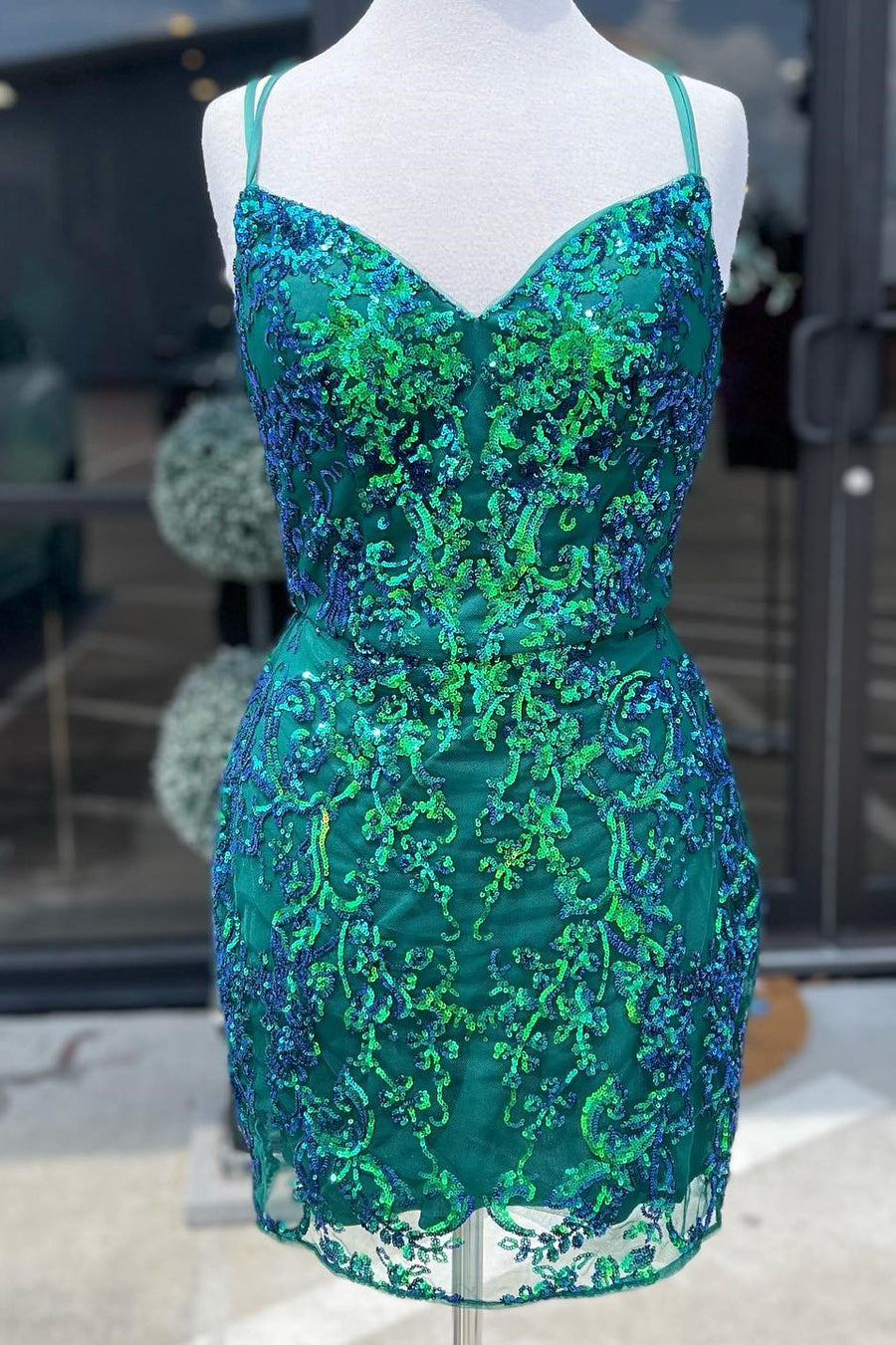 Aqua Blue Sequin Lace Short Cocktail Dress with Spaghetti Straps