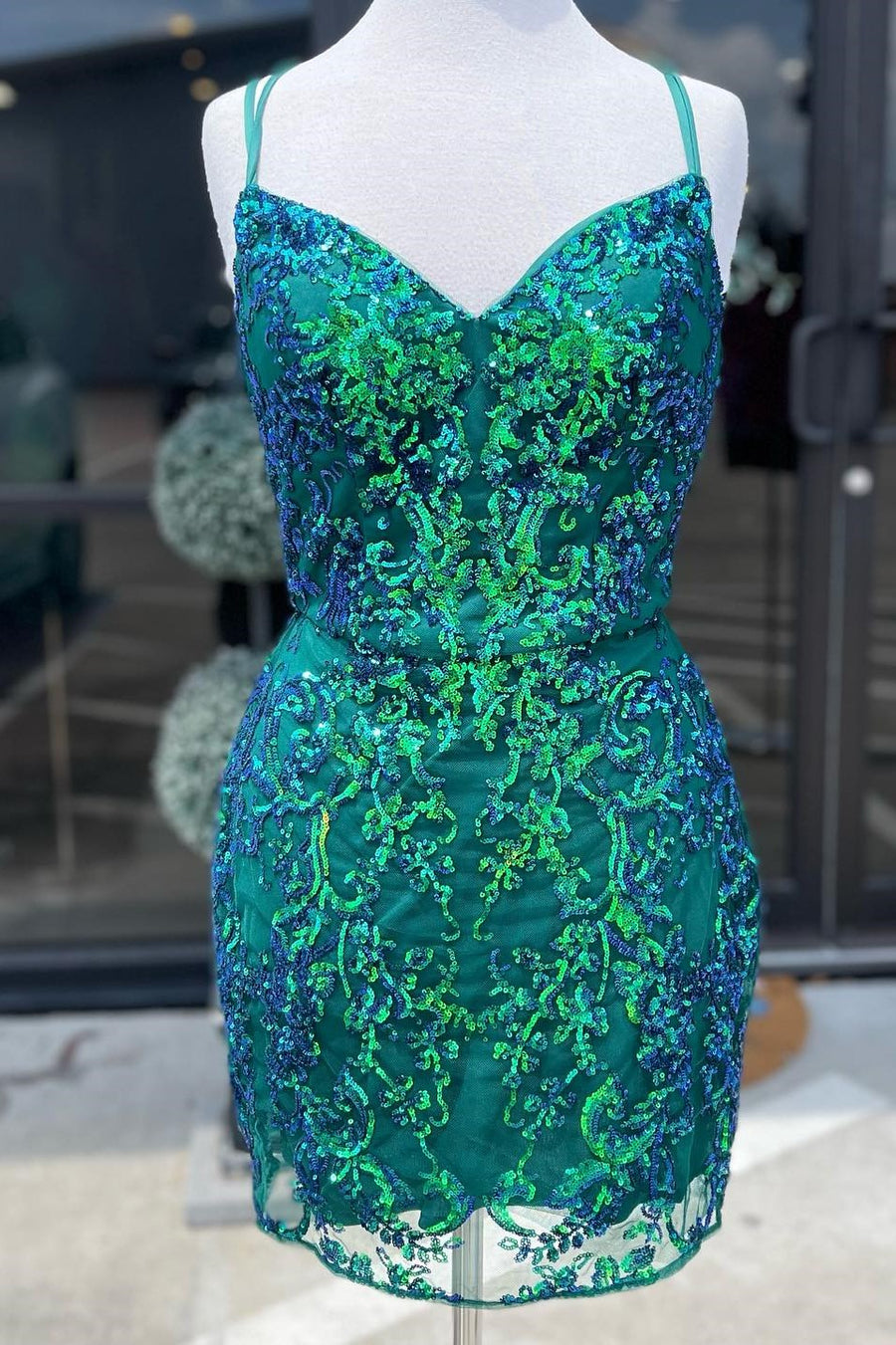 Aqua Blue Sequin Lace Short Cocktail Dress with Spaghetti Straps Modsele Aqua Blue Sequin Lace Short Cocktail Dress with Spaghetti Straps Modsele