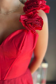 Red Corset Straps A-Line Long Prom Dress with Slit