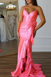 Pink Spaghetti Straps V-Neck Satin Bow Long Prom Dress with Slit