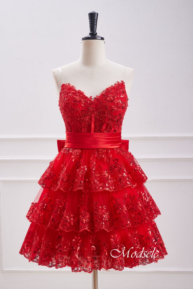 Strapless Red Sequin Ruffle Homecoming Dress with Bow – Modsele