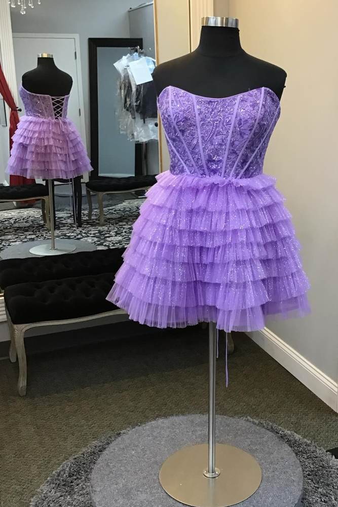 Purple Strapless Multi-Layer Homecoming Dress with Lace-up