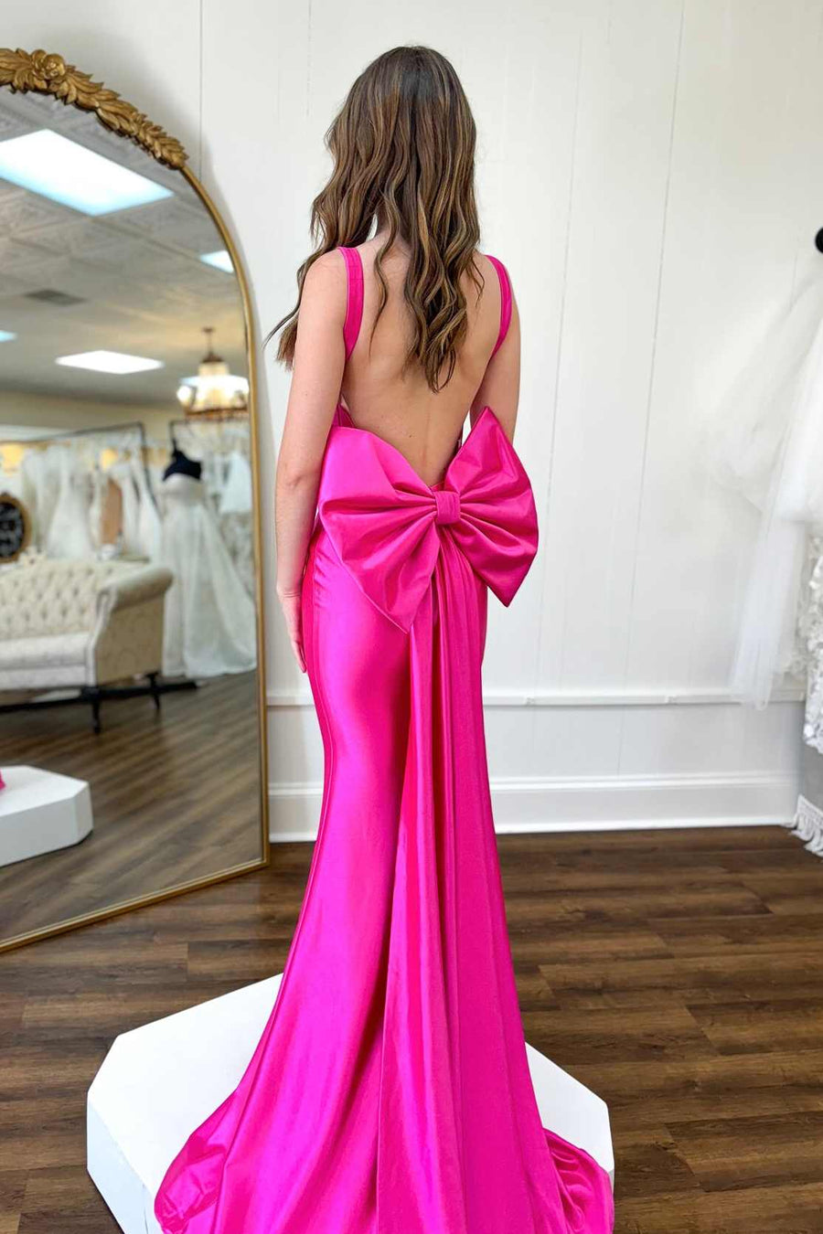 Hot Pink Straps Mermaid Satin Sleeveless Long Prom Dress with Bow