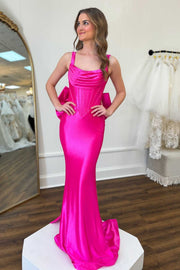 Hot Pink Straps Mermaid Satin Sleeveless Long Prom Dress with Bow