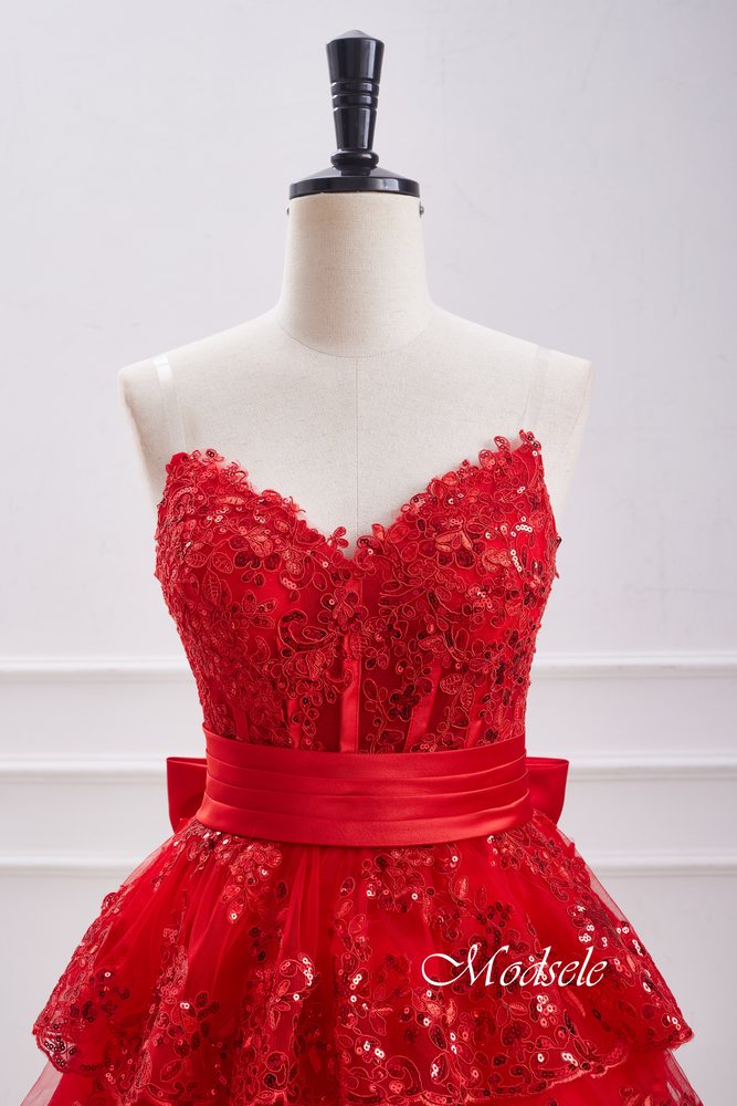 Strapless Red Sequin Ruffle Homecoming Dress with Bow