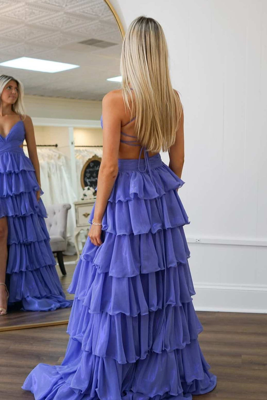 Elegant Purple A-Line V-Neck Tiered Long Formal Prom Dress with Slit