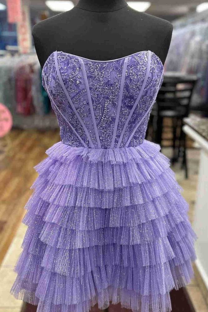 Purple Strapless Multi-Layer Homecoming Dress with Lace-up