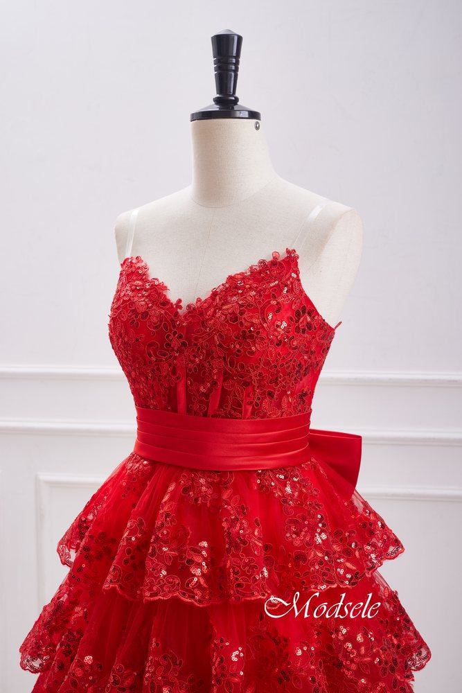 Strapless Red Sequin Ruffle Homecoming Dress with Bow Modsele Strapless Red Sequin Ruffle Homecoming Dress with Bow Modsele