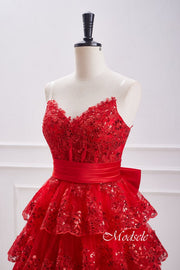 Strapless Red Sequin Ruffle Homecoming Dress with Bow