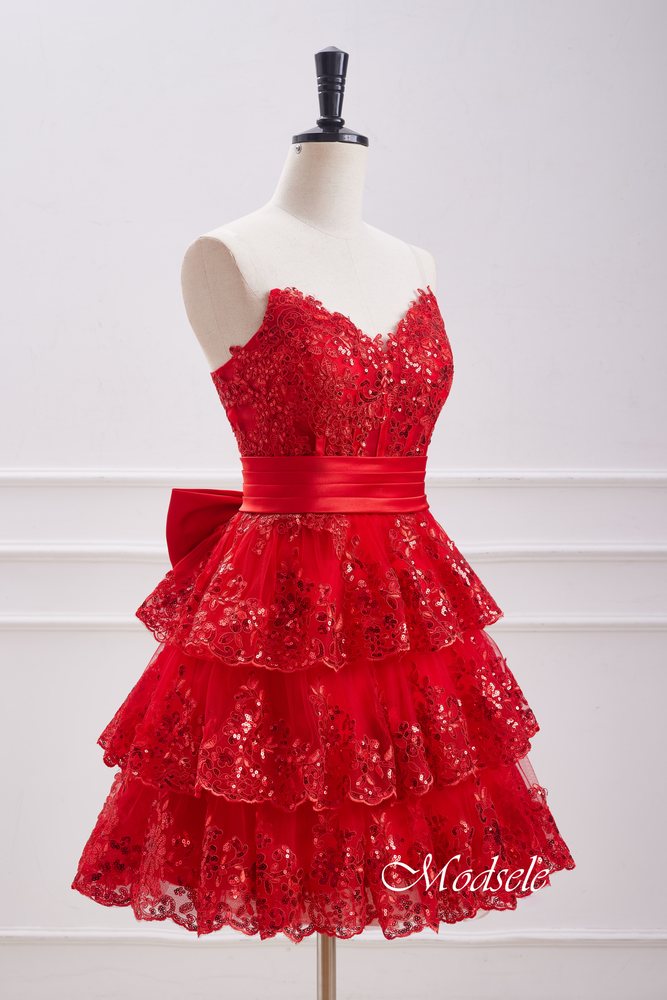 Strapless Red Sequin Ruffle Homecoming Dress with Bow