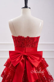 Strapless Red Sequin Ruffle Homecoming Dress with Bow