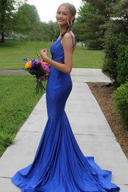 Royal Blue Mermaid Beaded V-Neck Sleeveless Long Prom Dress