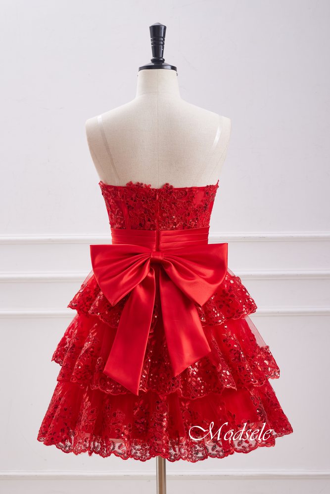 Strapless Red Sequin Ruffle Homecoming Dress with Bow