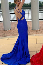 Royal Blue Mermaid Beaded V-Neck Sleeveless Long Prom Dress