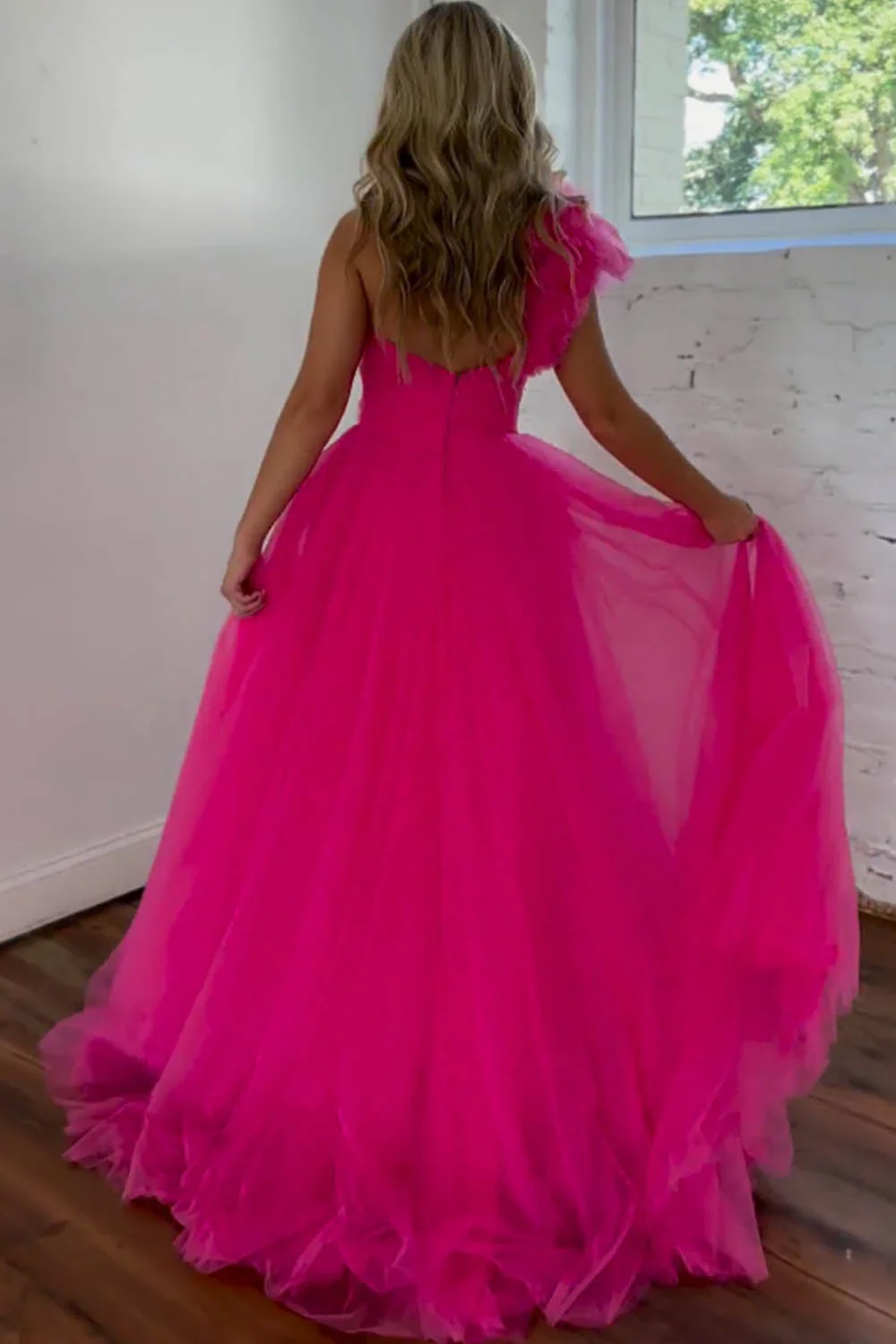 A-Line Hot Pink One Shoulder Tulle Long Prom Dress with Slit