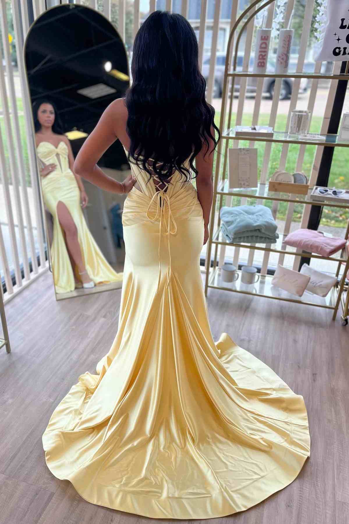 Yellow Strapless Beads Keyhole Satin Pleated Long Prom Dress with Slit