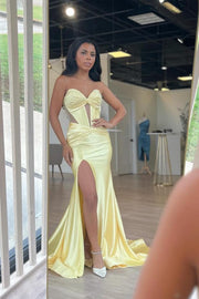 Yellow Strapless Beads Keyhole Satin Pleated Long Prom Dress with Slit