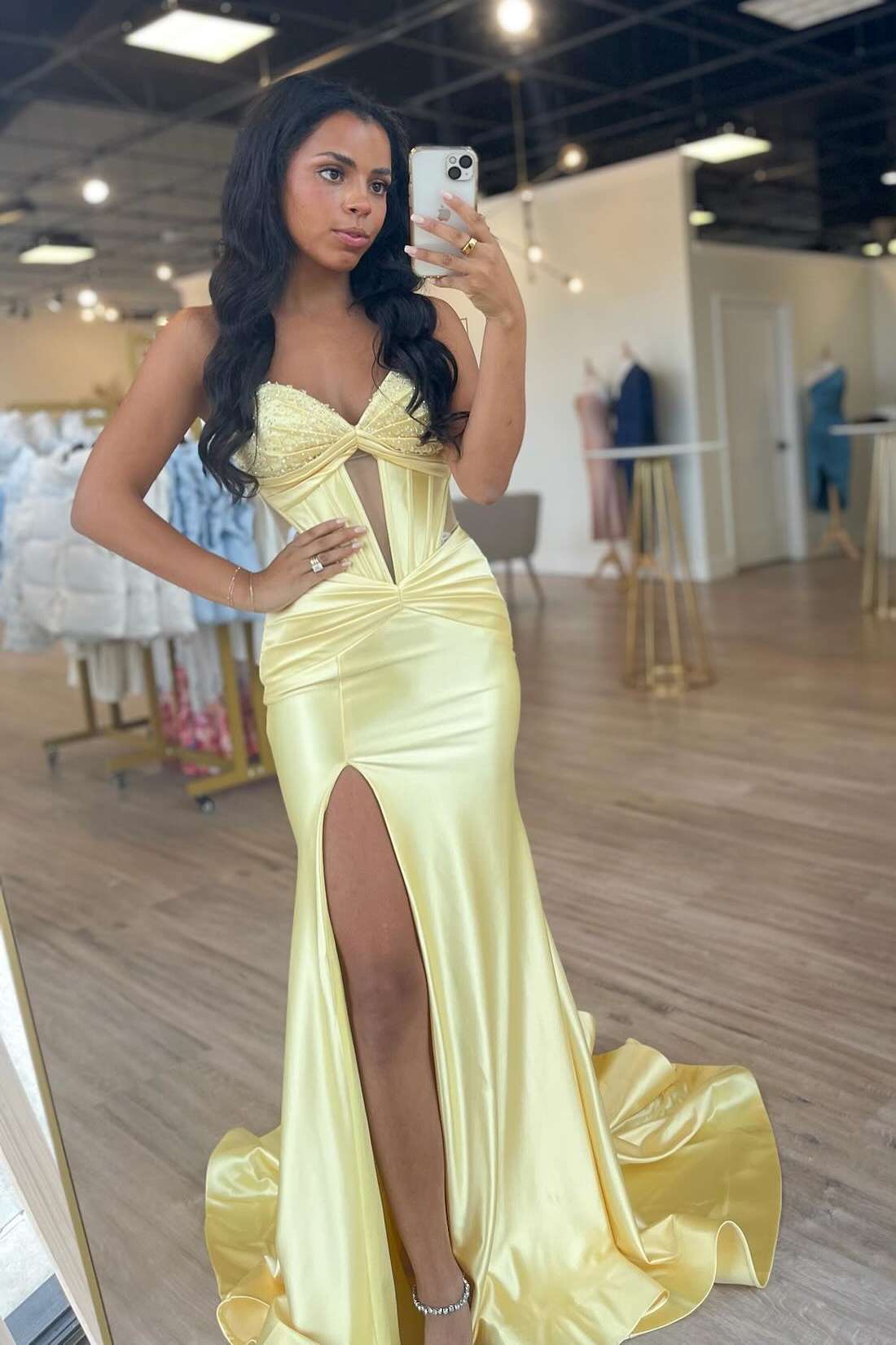 Yellow Strapless Beads Keyhole Satin Pleated Long Prom Dress with Slit