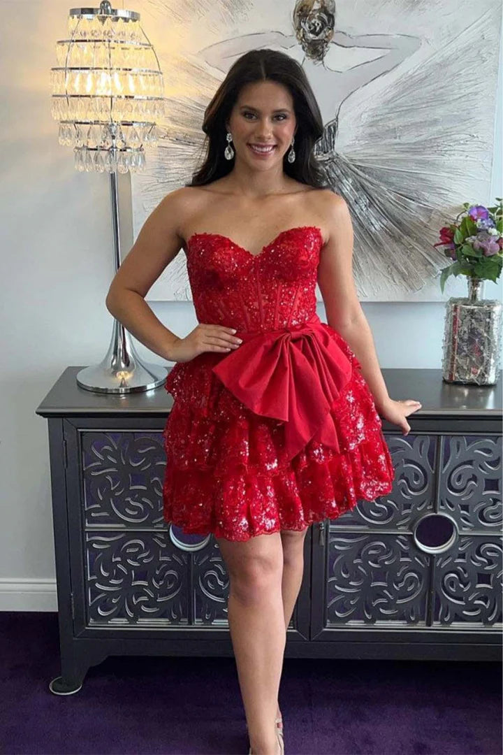 Strapless Red Sequin Ruffle Homecoming Dress with Bow