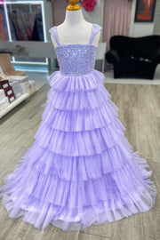 Lavender Straps A-Line Tiered Long Girl Pageant Dress with Ruffles
