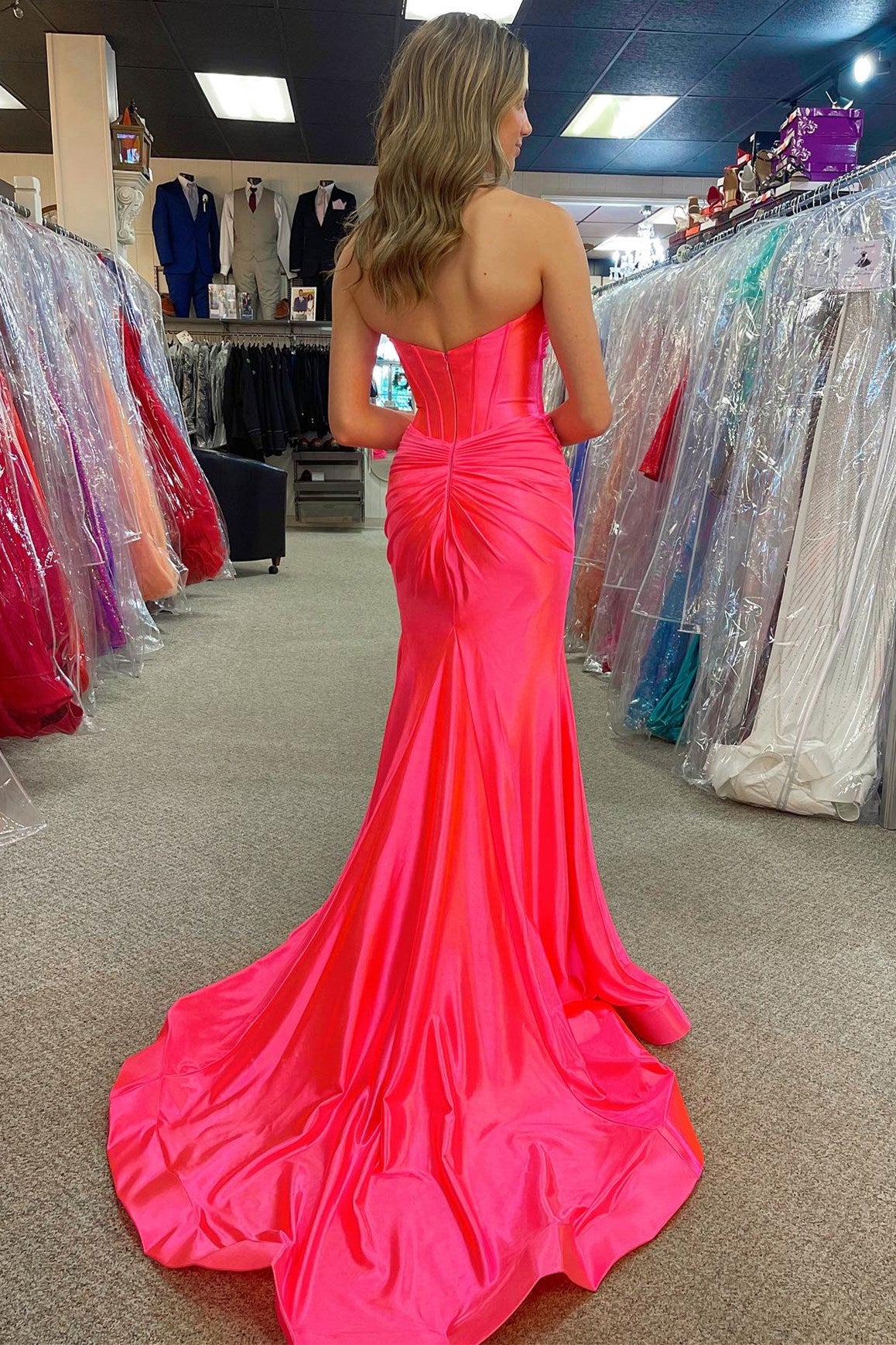 Classy Strapless Keyhole Mermaid Satin Long Prom Dress with Slit