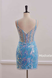 Spaghetti Straps Blue Sweetheart Sequins Appliques Tight Homecoming Dress