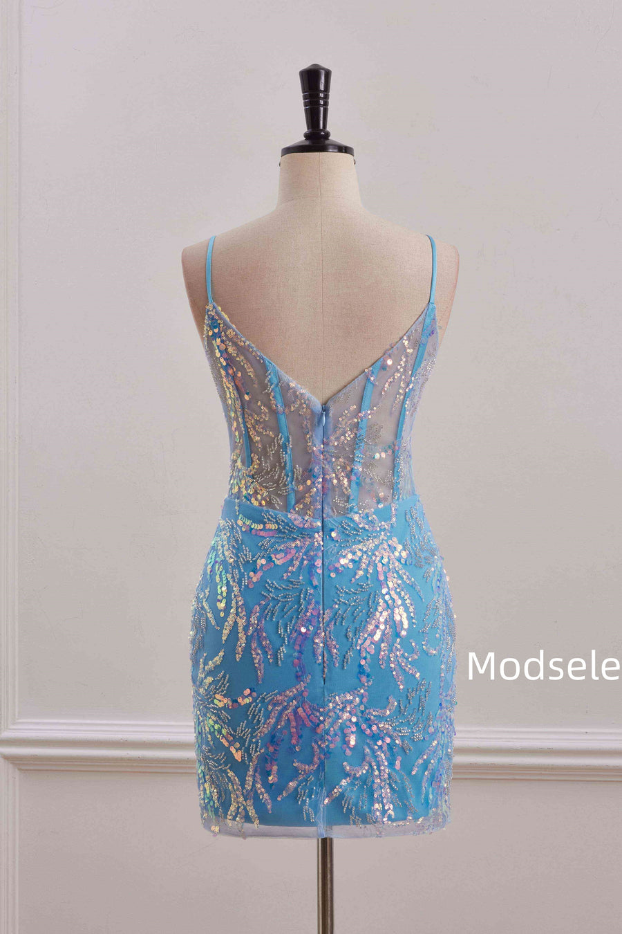 Spaghetti Straps Blue Sweetheart Sequins Appliques Tight Homecoming Dress