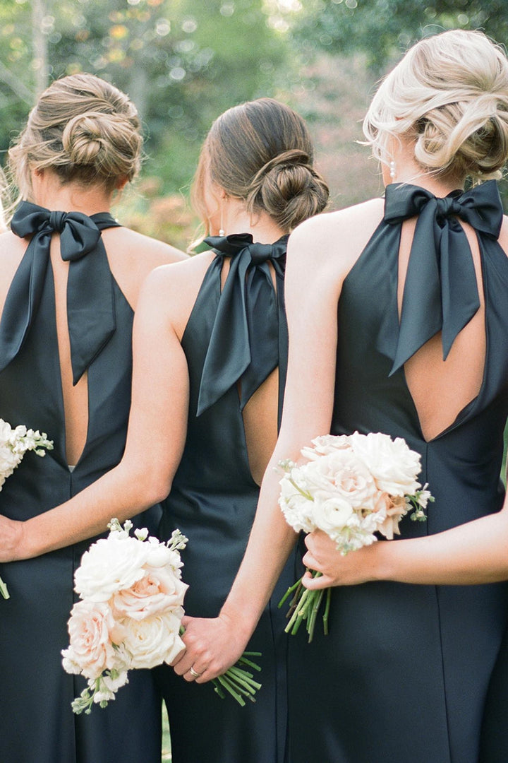 black halter bridesmaid dress KissProm Neck Ruched A-Line Chiffon in Black, / 18 A subtle thigh Black Chiffon Halter Bridesmaid Dress