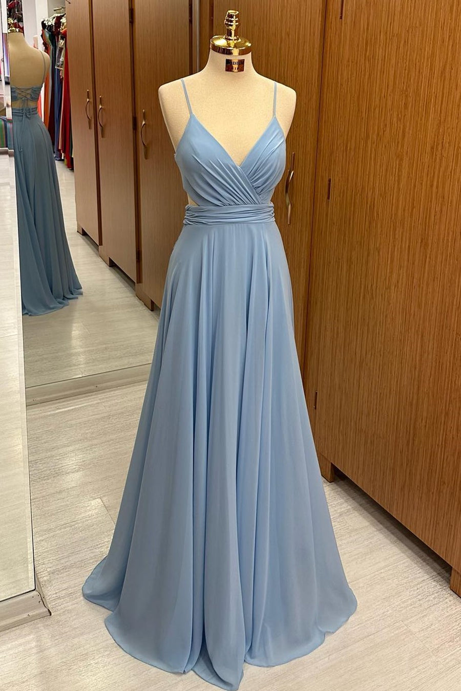 Dusty Blue Chiffon Lace-Up A-Line Long Bridesmaid Dress