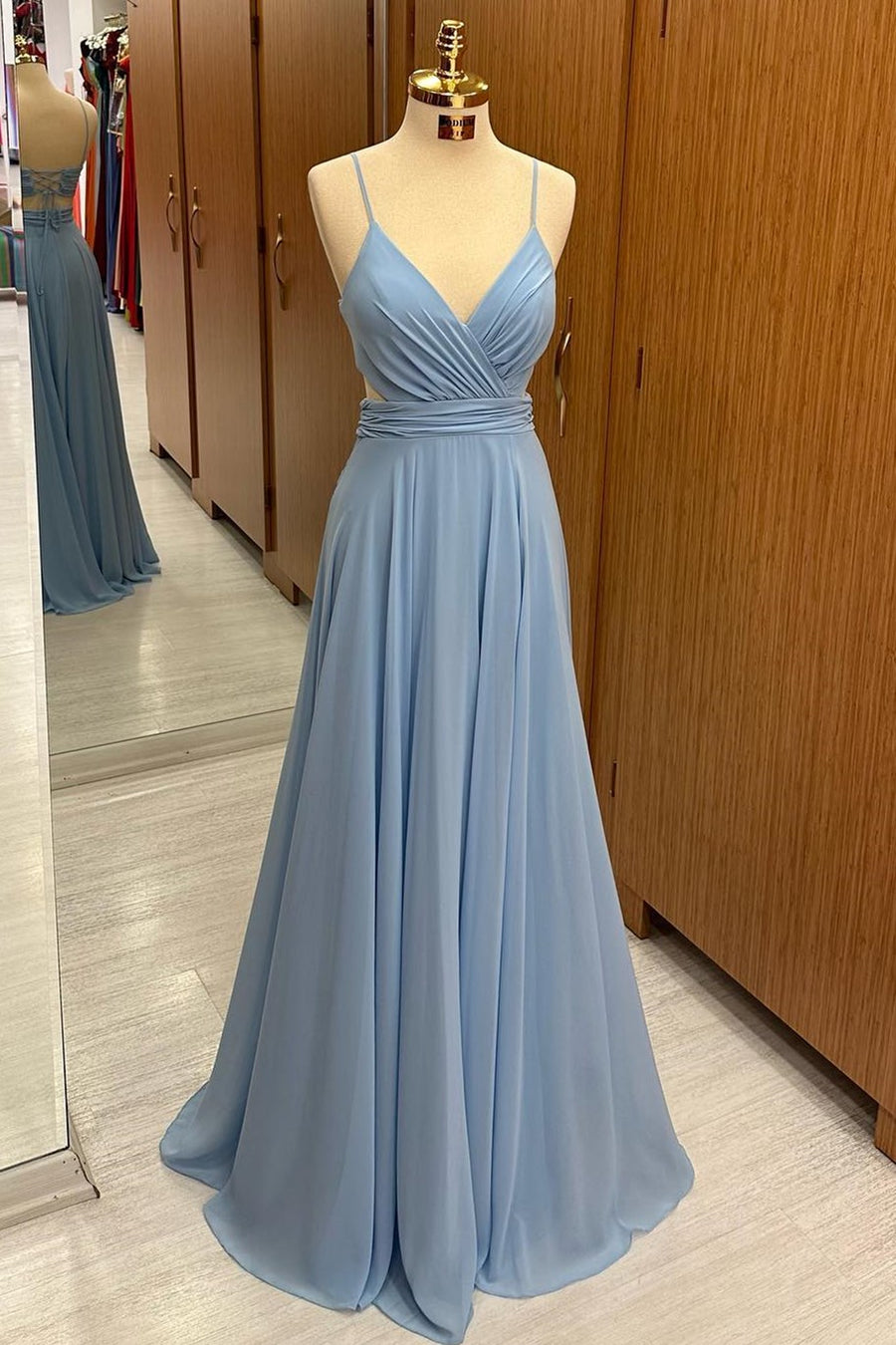 Dusty Blue Chiffon Lace-Up A-Line Long Bridesmaid Dress Modsele Dusty Blue Chiffon Lace-Up A-Line Long Bridesmaid Dress Modsele