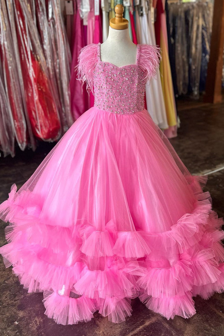White Beaded A-Line Multi-Layer Girl Pageant Dress with Feathers