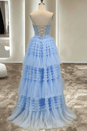 Blue A-Line Spaghetti Straps Appliques Tiered Tulle Long Prom Dress