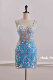 Spaghetti Straps Blue Sweetheart Sequins Appliques Tight Homecoming Dress